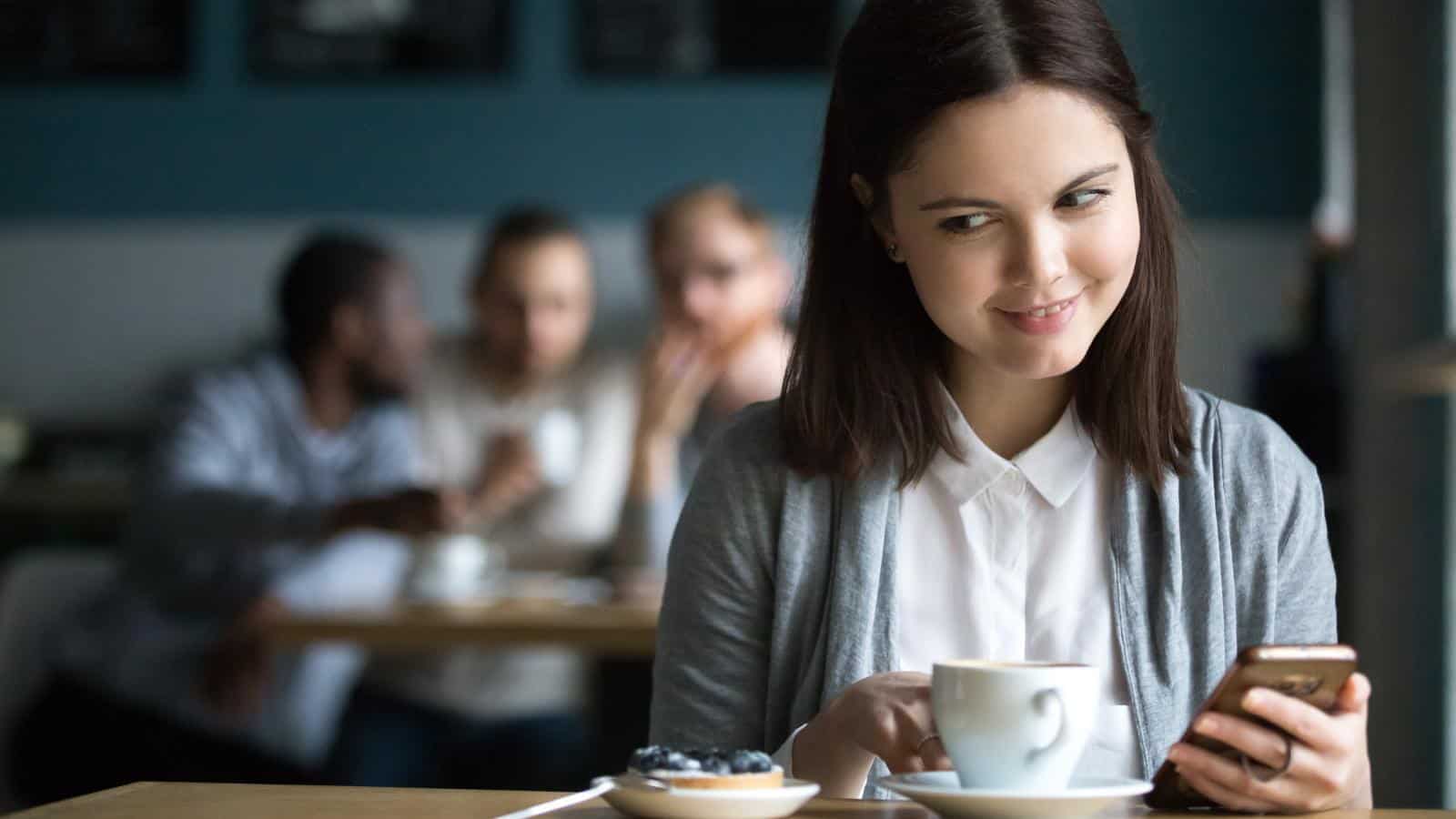 woman happy coffee restaurant gossip